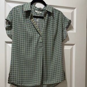Max Studio Teal and Mustard Patterned Button Down Shirt